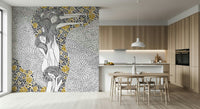 Golden Reverie wallpaper mural behind a wood dining table and wishbone chairs in a kitchen