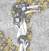 Golden Reverie wallpaper mural close-up showing three dreaming women in line art with gold roses