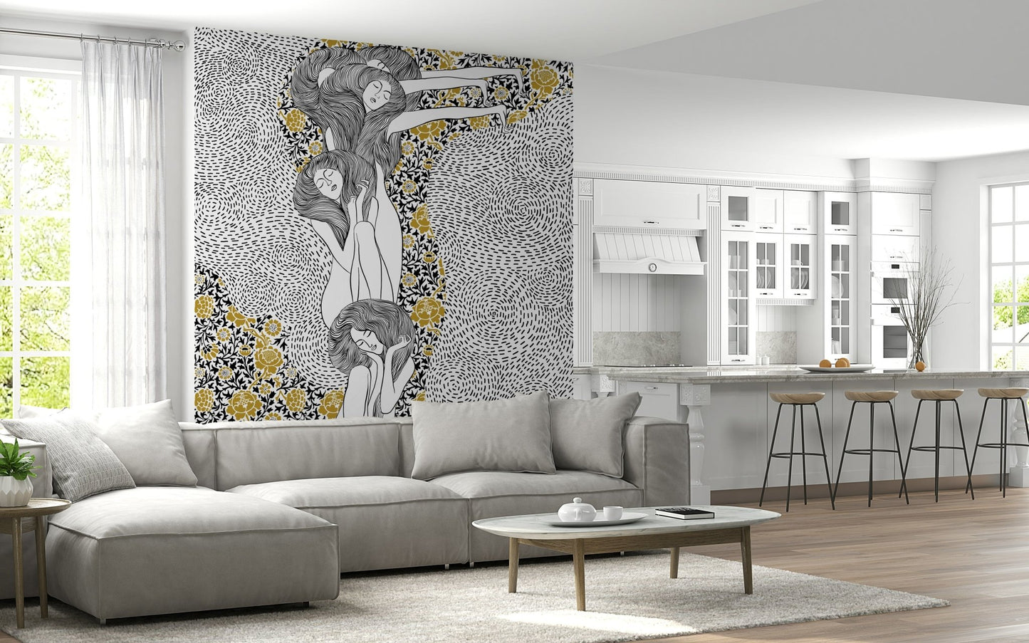Golden Reverie wallpaper mural behind a gray sectional sofa in an open living room and kitchen
