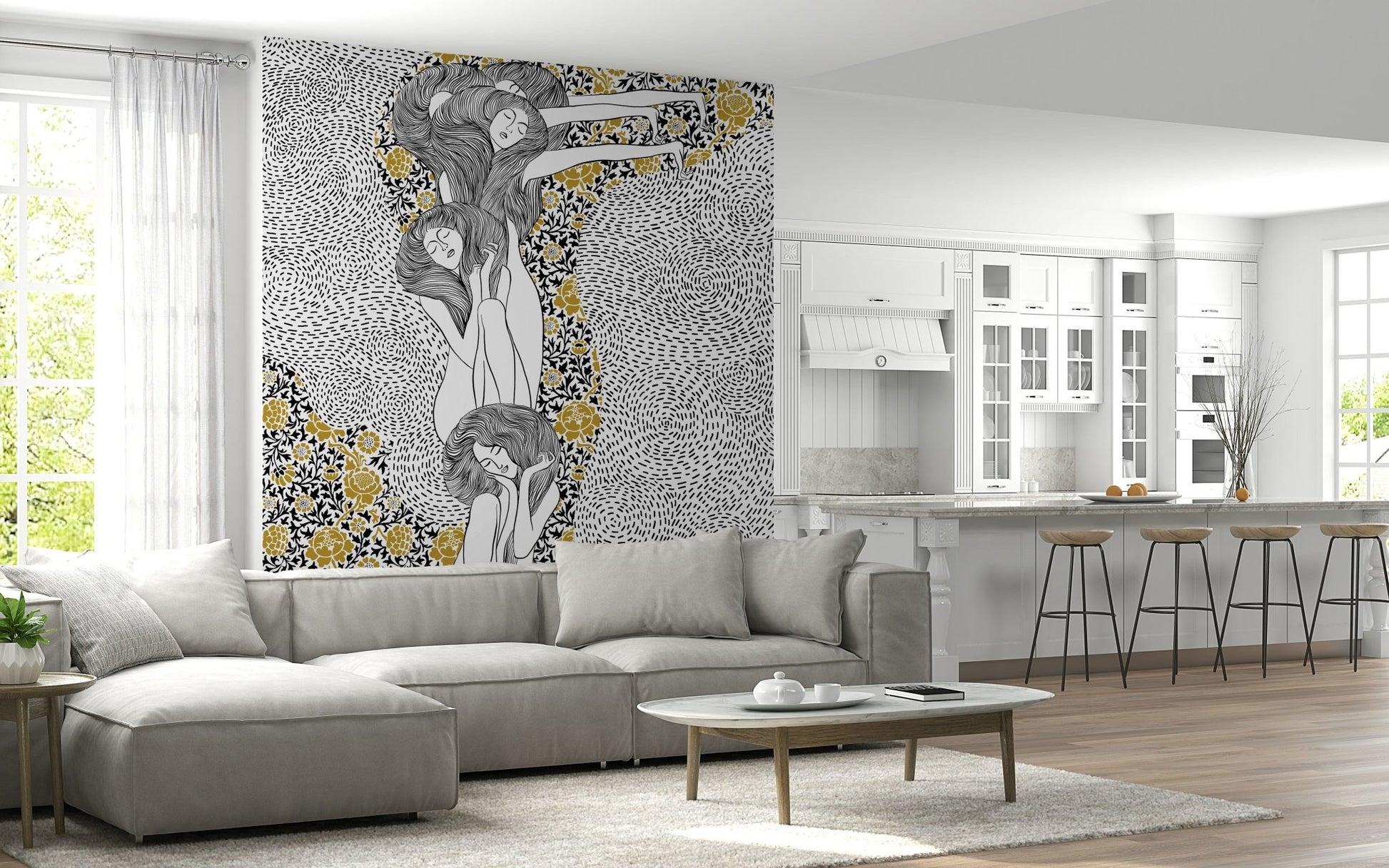 Golden Reverie wallpaper mural behind a gray sectional sofa in an open living room and kitchen