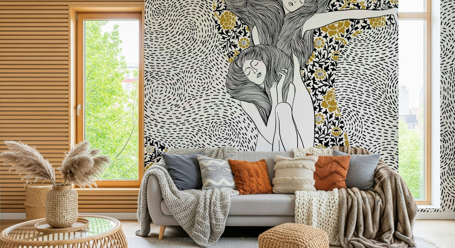 Golden Reverie wallpaper mural behind a gray sofa with terracotta pillows and a knit throw