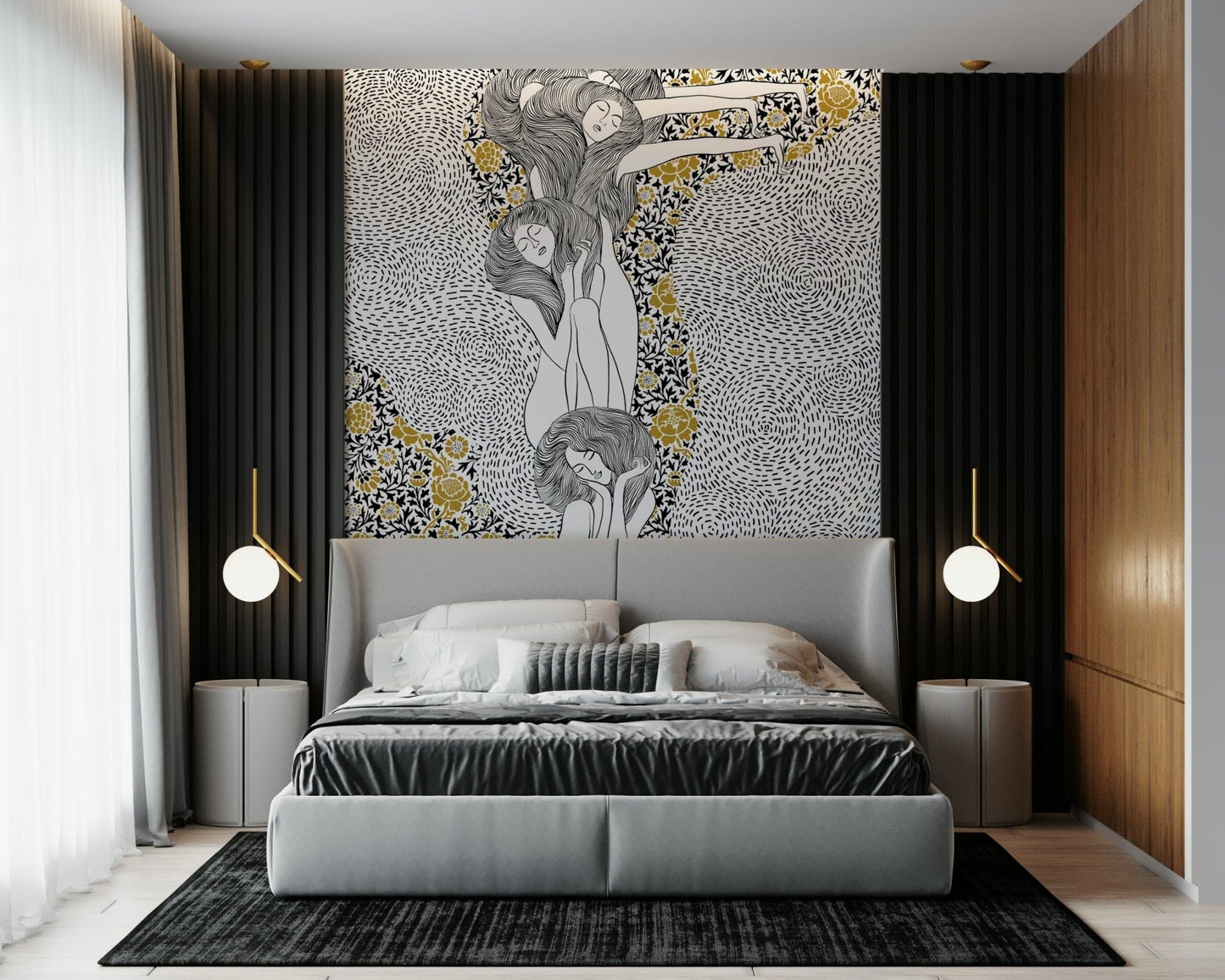 Golden Reverie wallpaper mural of dreaming women above a gray bed between black slat walls