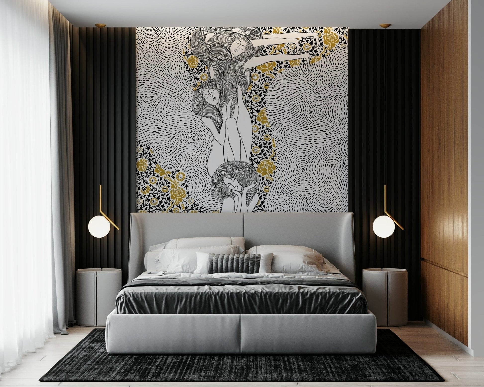 Golden Reverie wallpaper mural of dreaming women above a gray bed between black slat walls