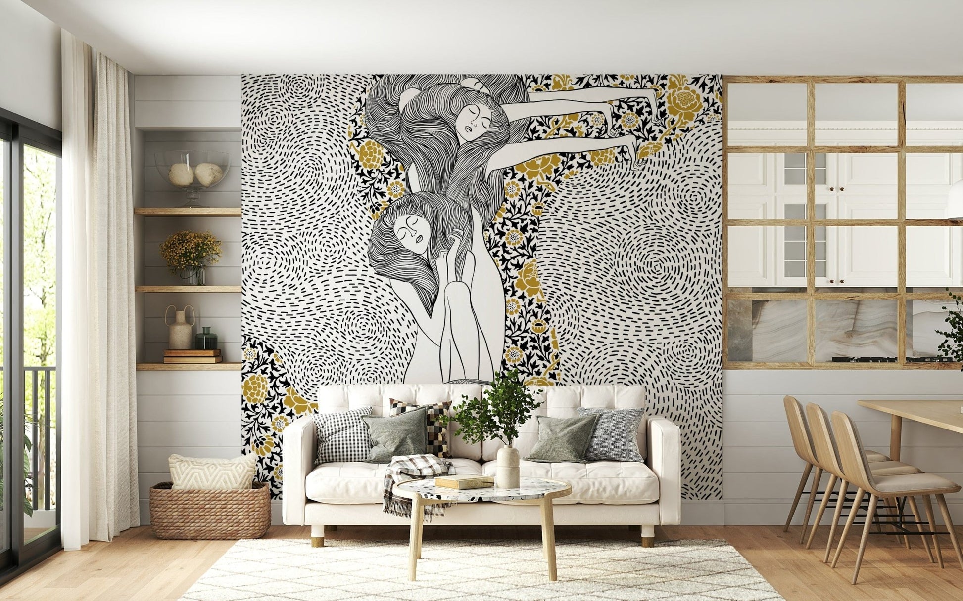 Golden Reverie wallpaper mural with gold florals behind a cream sofa by white shelving