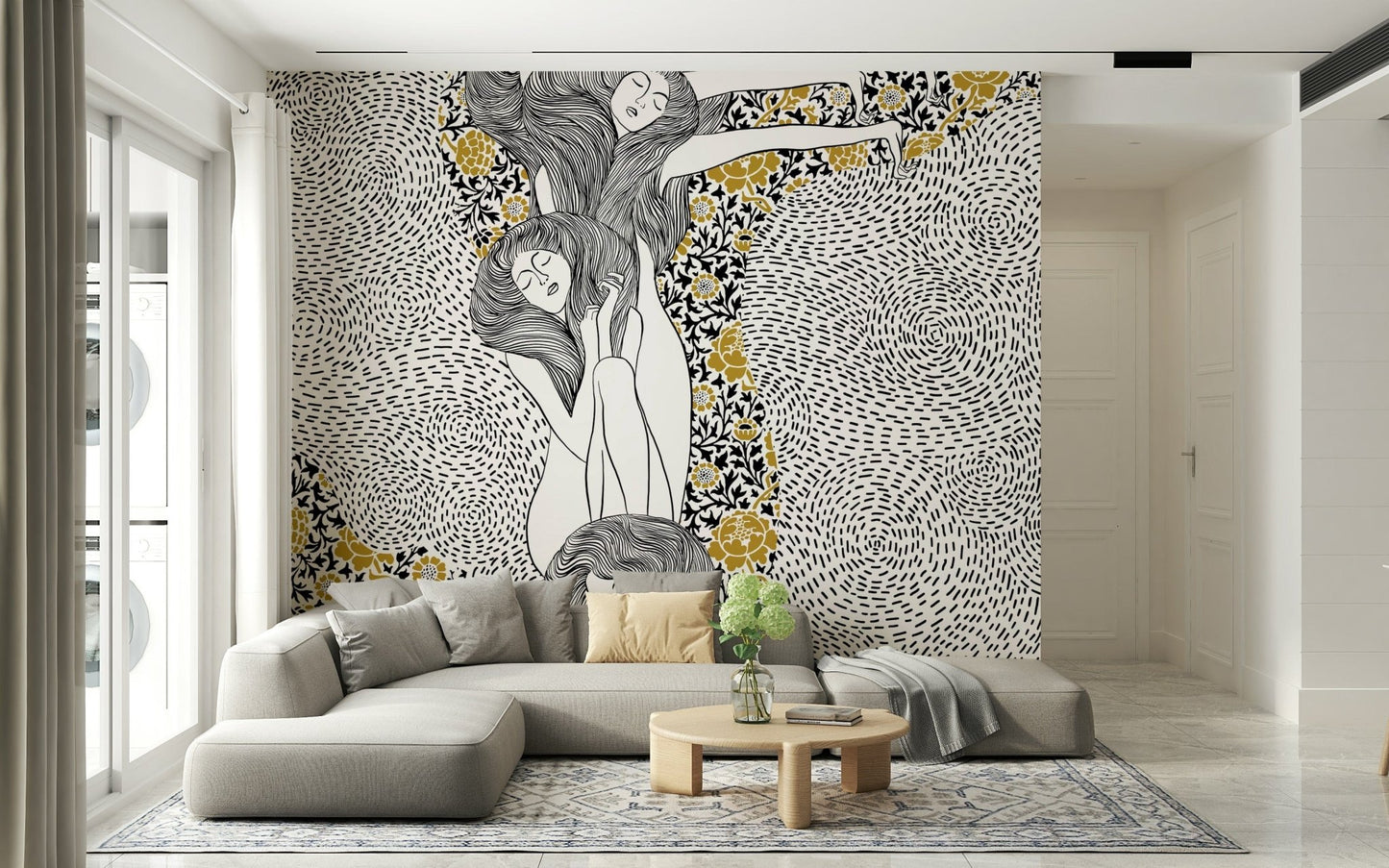 Golden Reverie wallpaper mural with gold accents behind a gray sectional with cream pillows