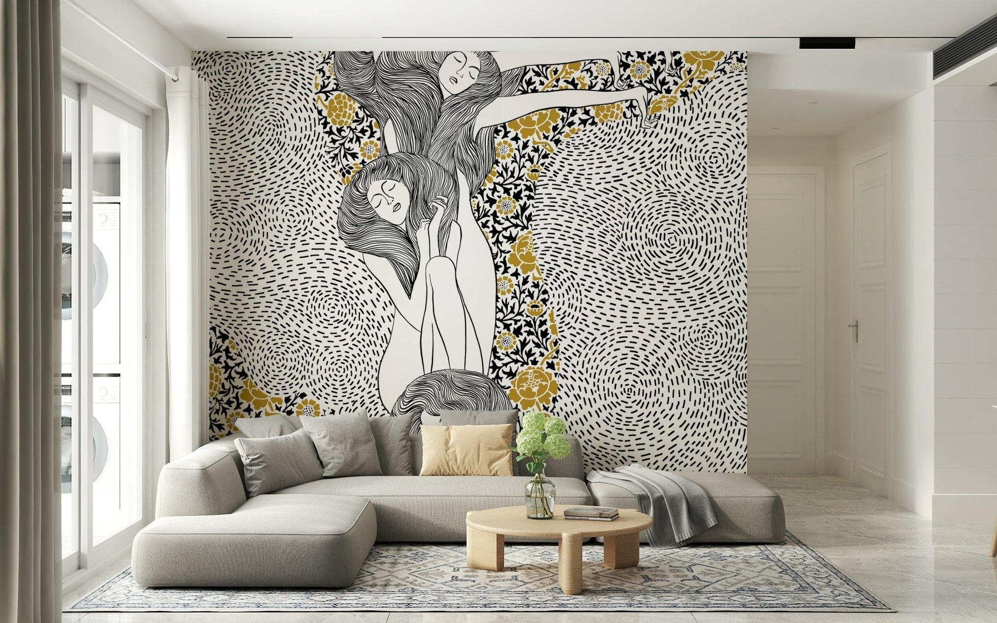Golden Reverie wallpaper mural with gold accents behind a gray sectional with cream pillows