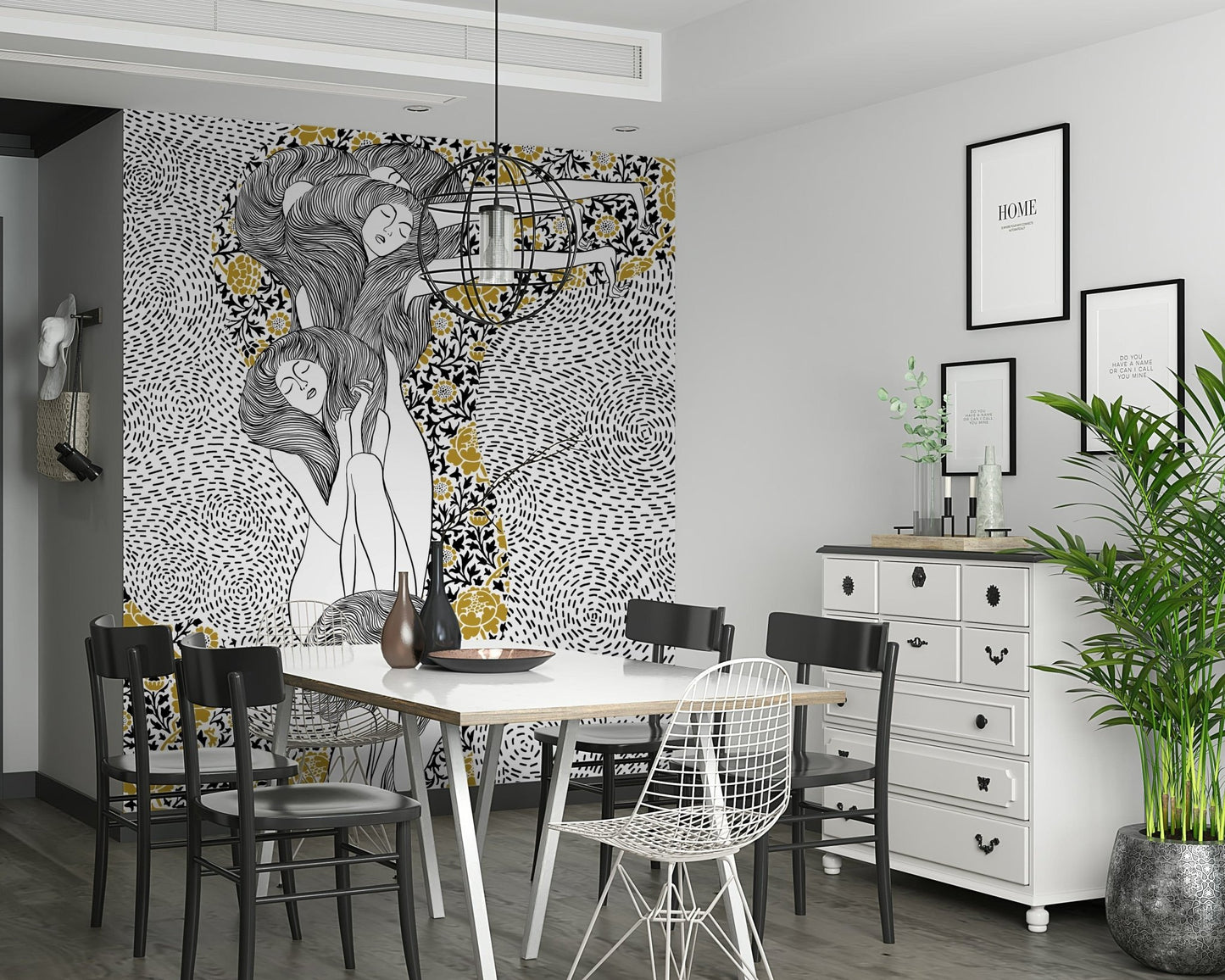 Golden Reverie wallpaper mural behind a white dining table and black chairs in a dining room