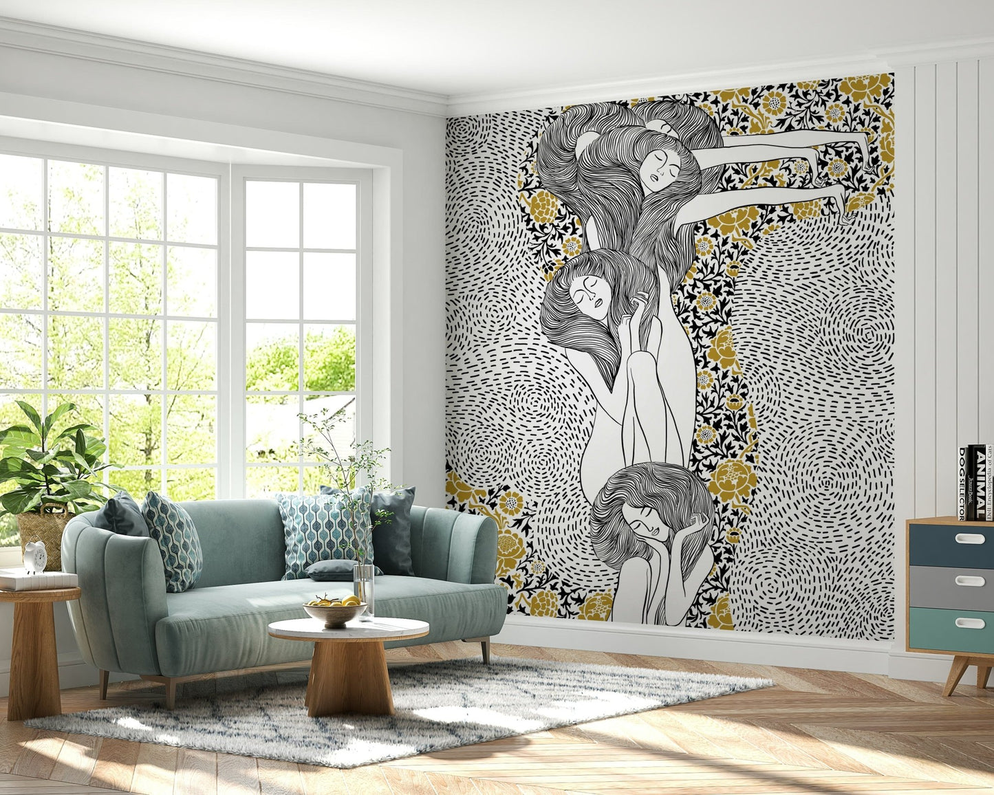 Golden Reverie wallpaper mural with gold florals behind a sage green sofa in a bright living room