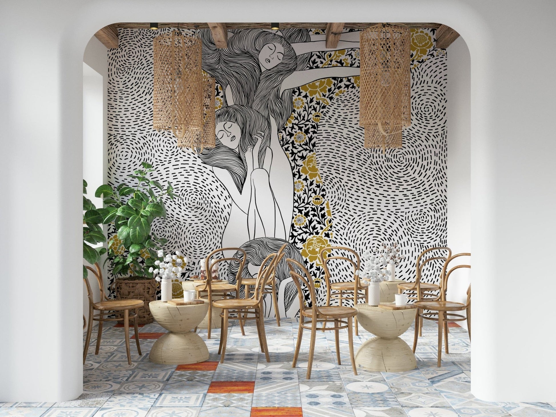 Golden Reverie wallpaper mural behind bentwood chairs and rattan pendants in a tiled cafe lounge