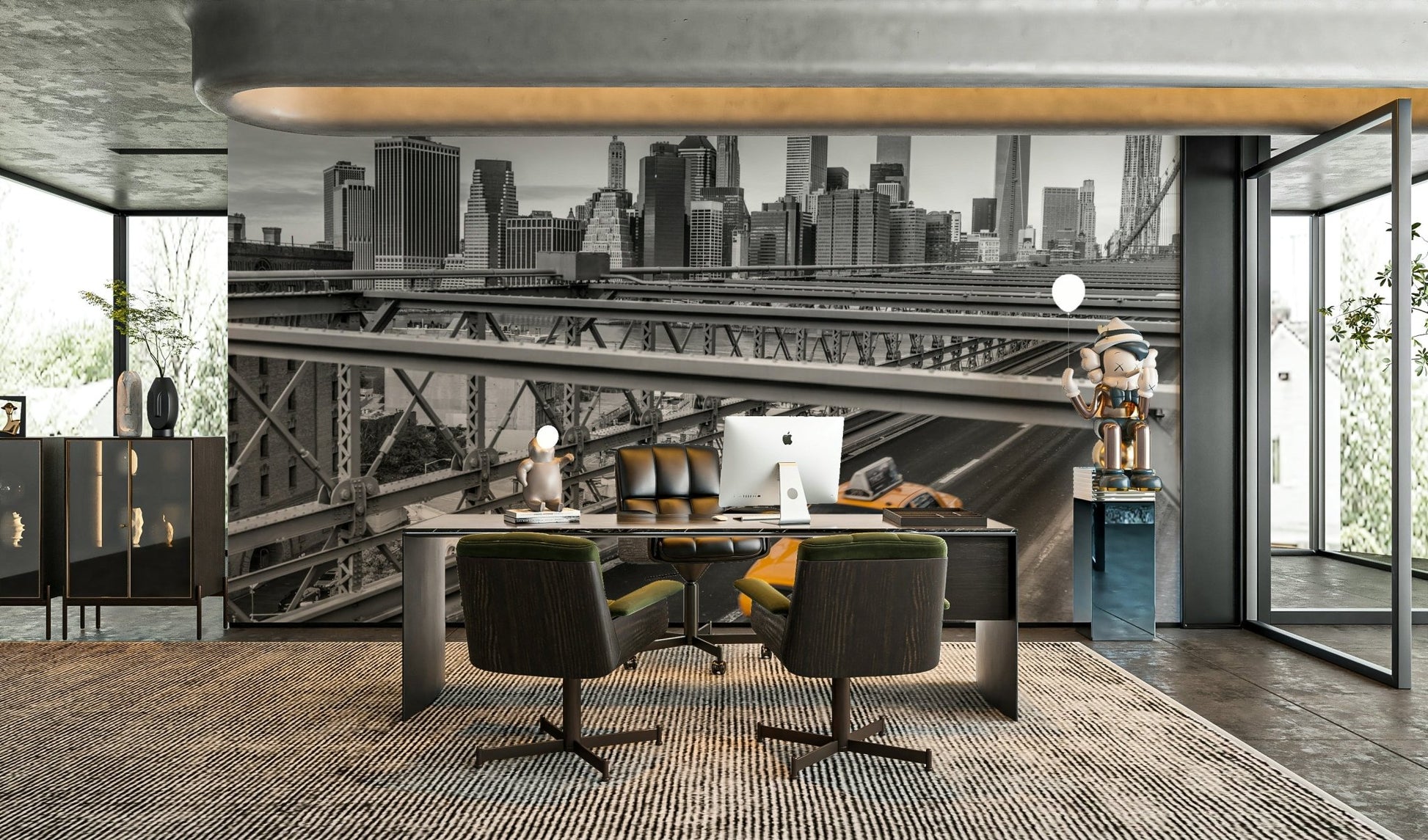 New York cityscape mural with yellow taxis standing out in the scene

