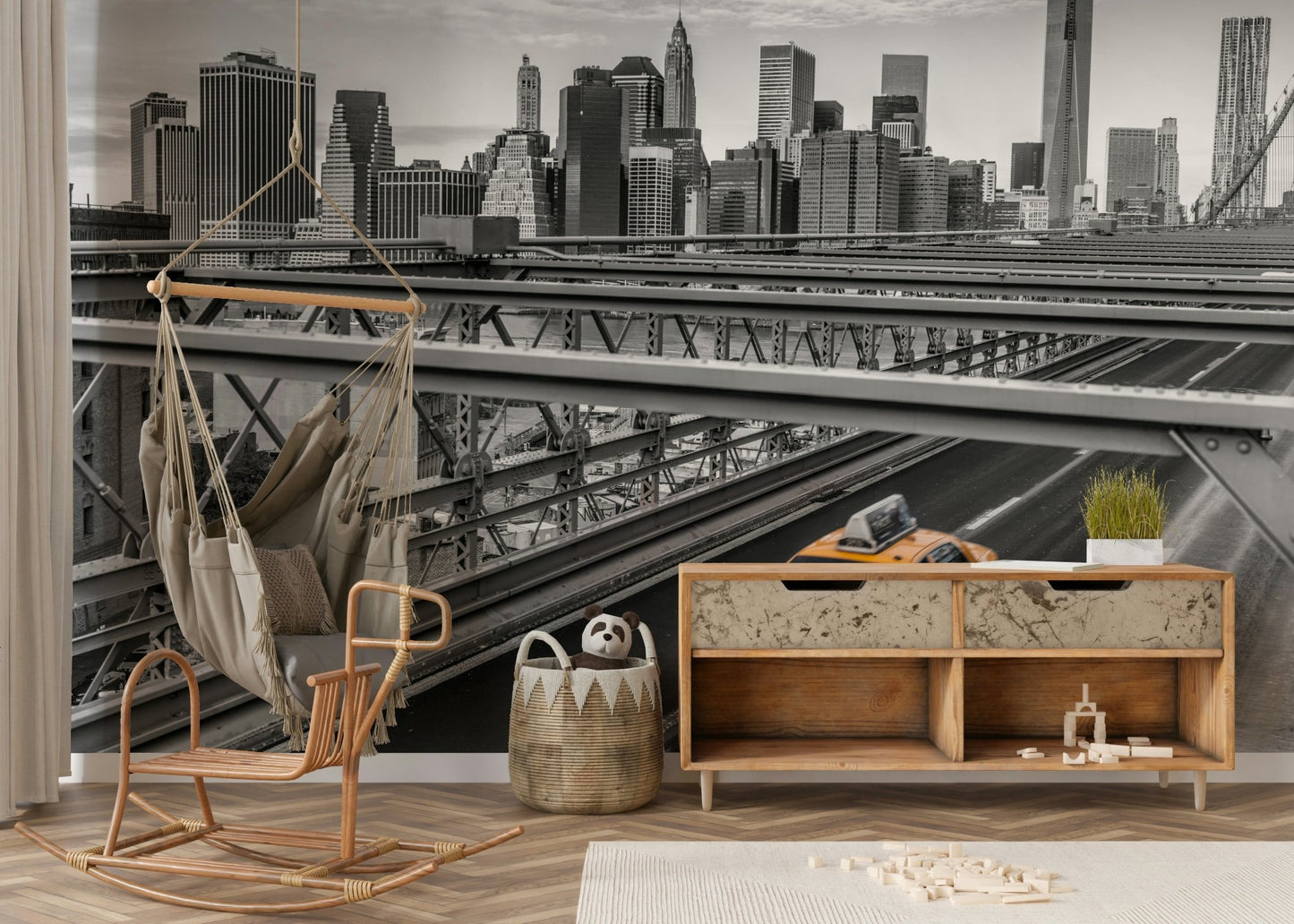 Cityscape mural wallpaper perfect for living rooms and offices

