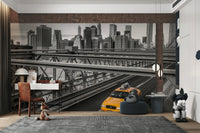 Golden Ride New York in Monochrome Wall Mural featuring iconic yellow taxis

