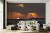 A high-angle view of the wall mural in a large space.

