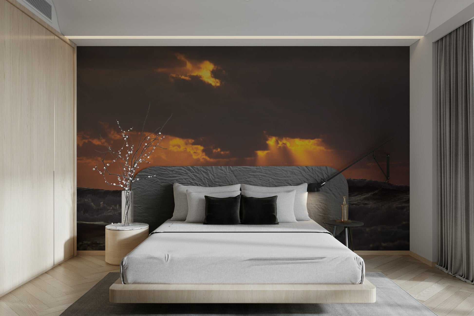 The wallpaper is used as a feature wall in a bedroom.

