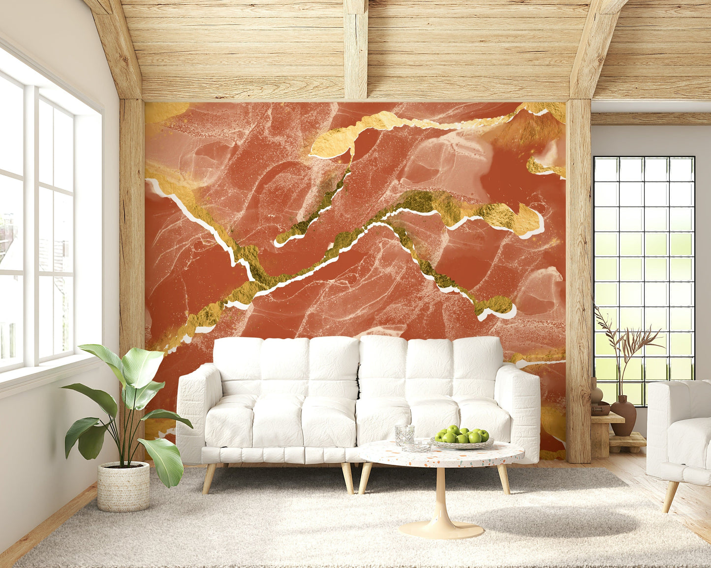 Burnt Sienna and Gold Luxury Marble Wallpaper – Statement wall mural featuring rich marble layers accented with shimmering gold for modern interiors.