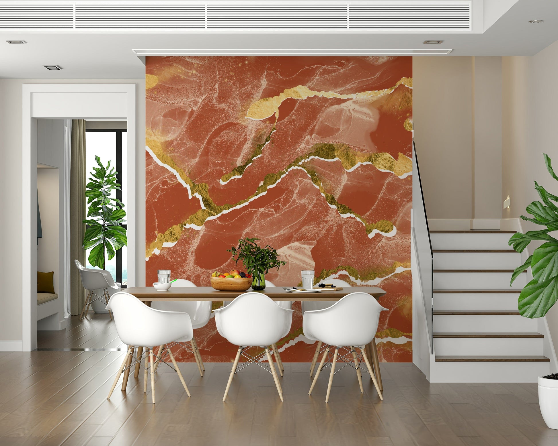 Golden Veins Burnt Sienna Marble Wall Mural – Luxurious abstract marble design with warm burnt sienna tones and shimmering gold veins.