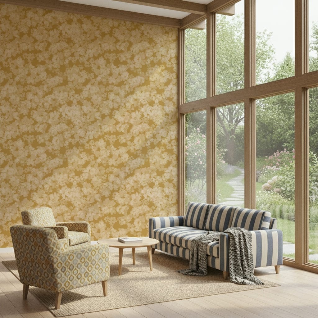 Bright honey flower motif wallpaper, luminous wall covering product, Golden Soft Blossom.