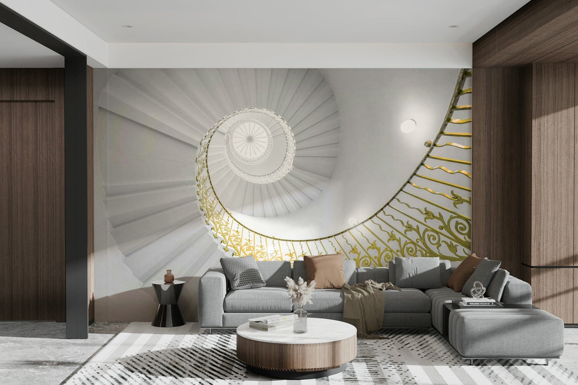 A high-angle view of the wall mural in a large space.

