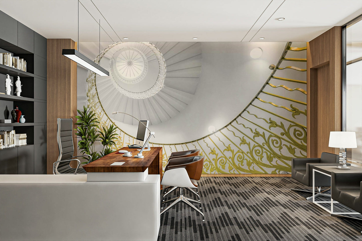 A detail shot of the curving stairs and bright lighting.

