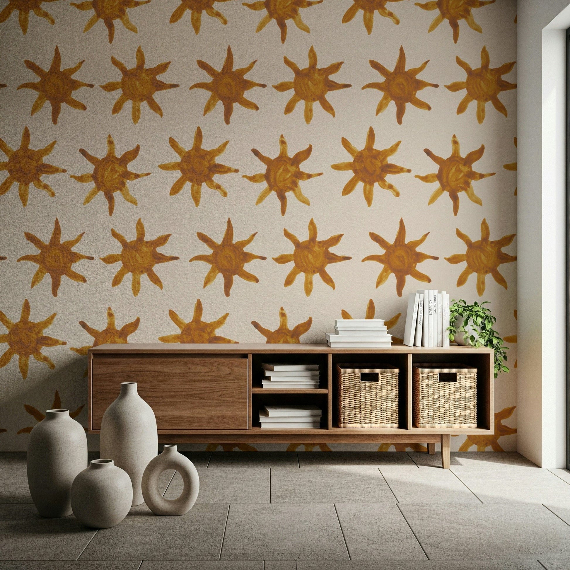 Abstract sunny brushstroke mural with vibrant, golden hues.