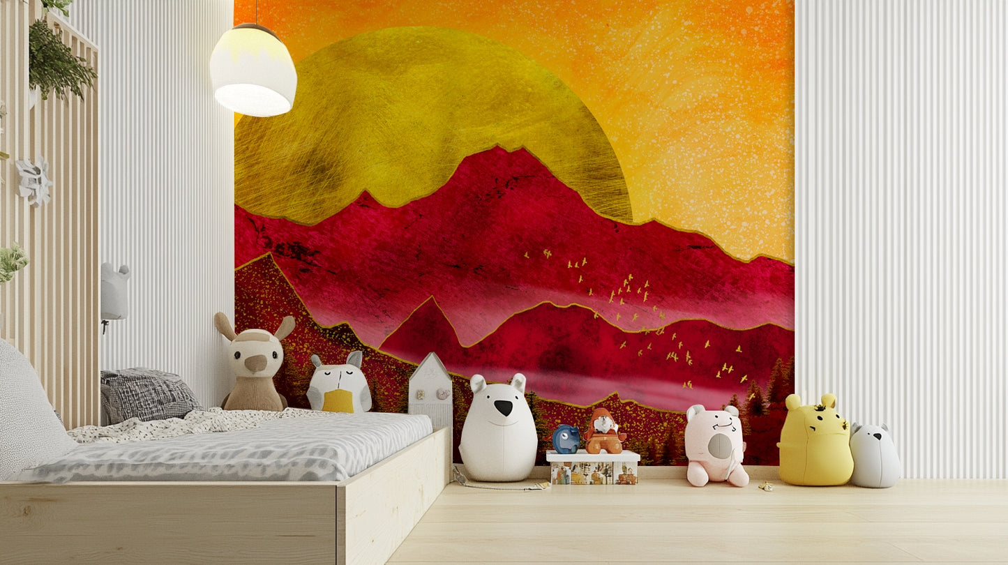 Scenic mountain wallpaper featuring glowing sun over crimson mountains

