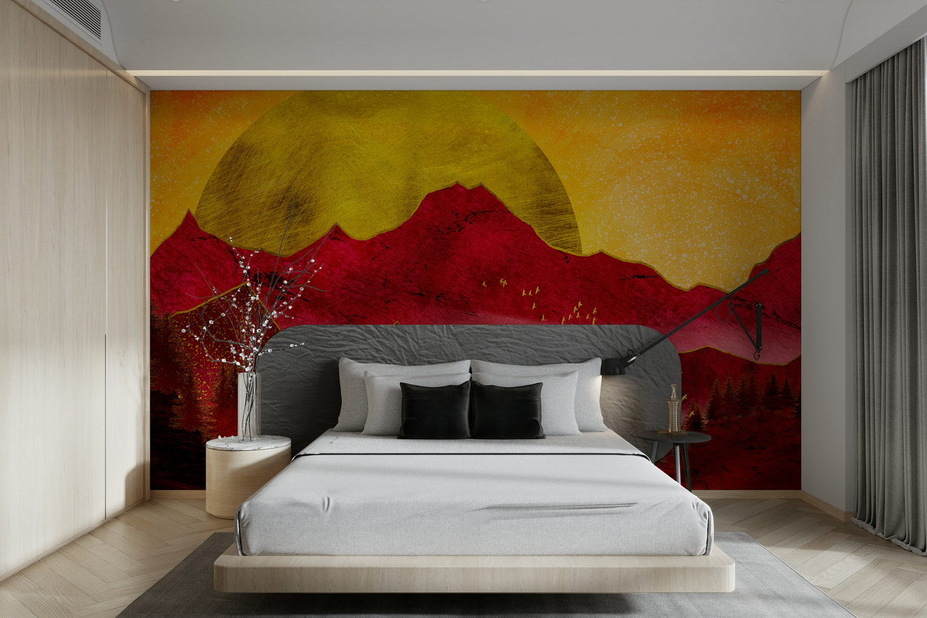 Golden sun setting behind red peaks – mountain wallpaper with warm tones
