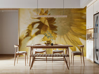 An artistic sunflower bloom mural on minimalist wallpaper.


