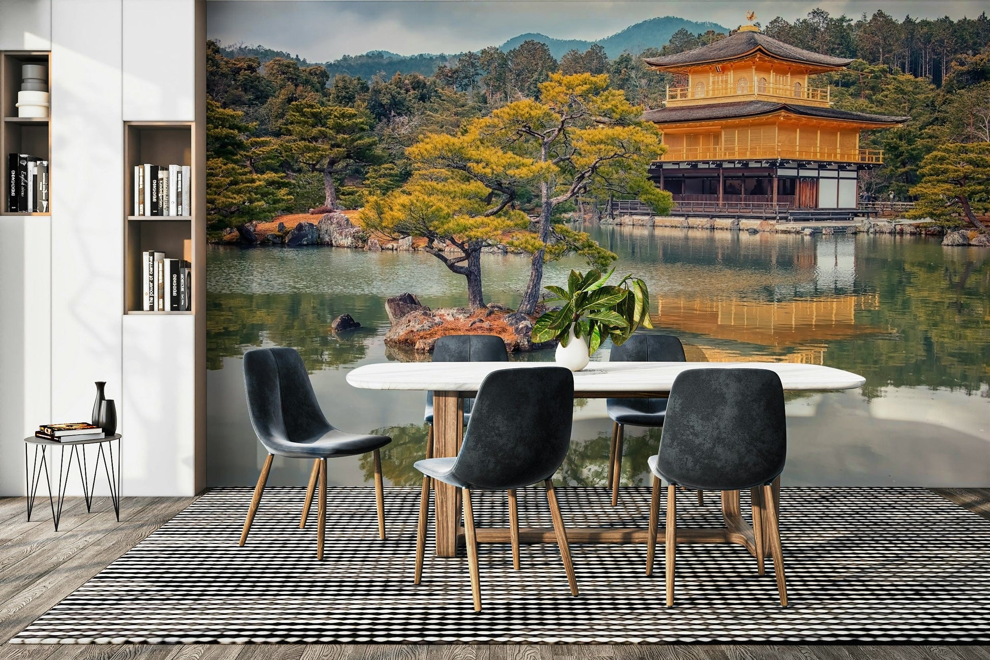 A graceful serene holy wall mural in golden tones.

