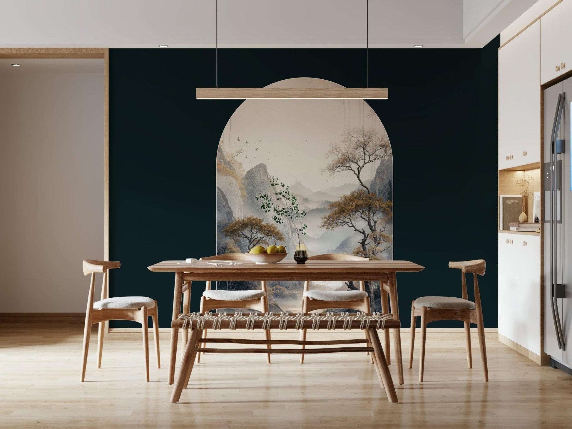 Nature-inspired mural showcasing golden foliage and an arched tree design for a grand statement wall.