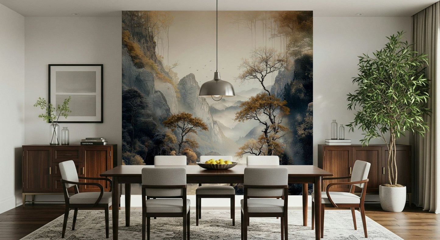 Luxurious mural with gold-accented tree patterns evoking harmony, nature, and timeless beauty.