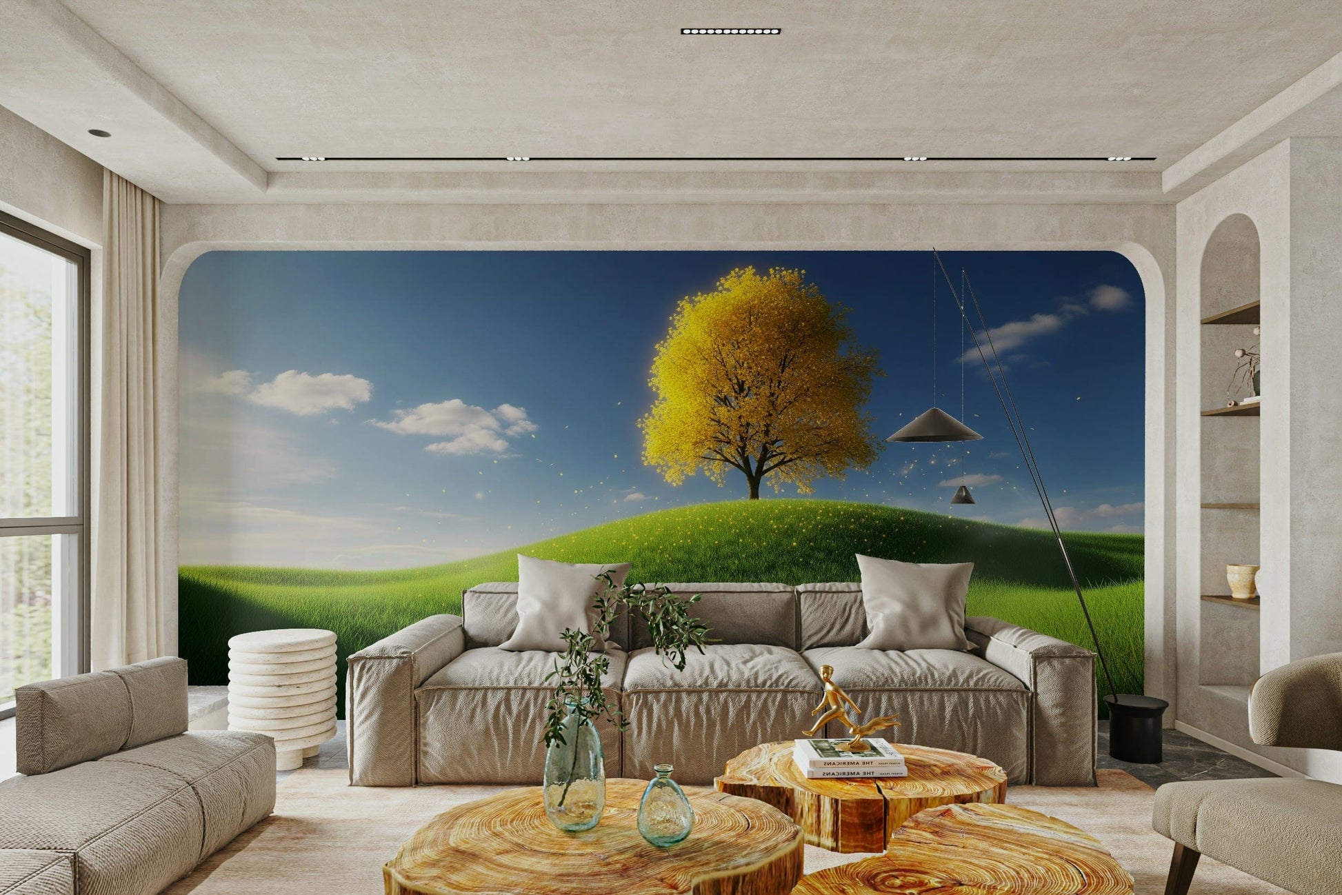 A living room featuring the golden canopy wall mural.