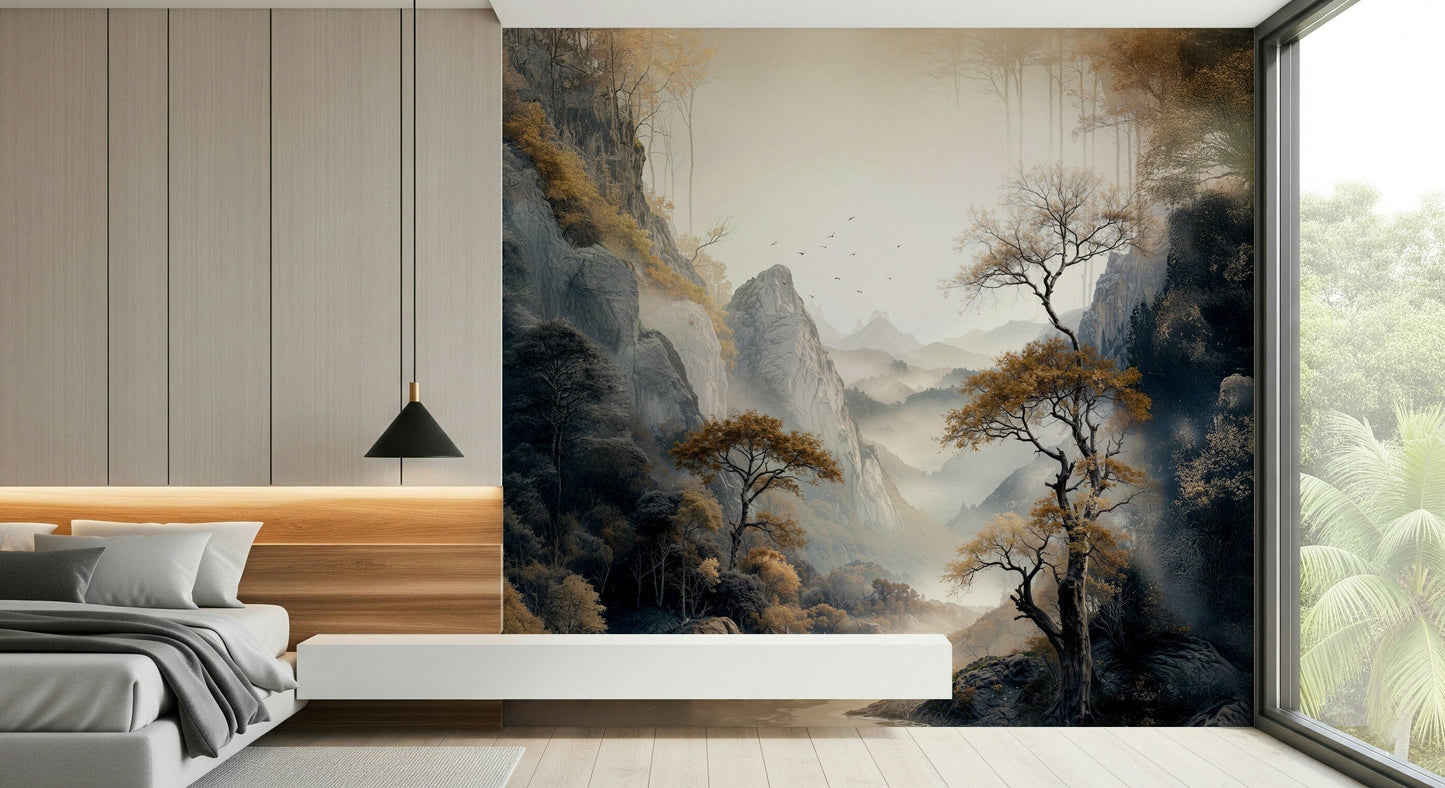 Artistic wall mural featuring golden tree silhouettes that add warmth and sophistication to décor.
