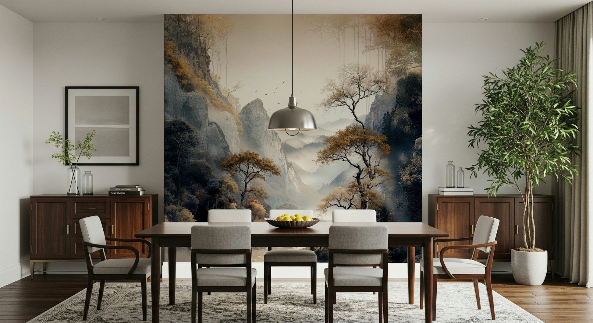 Luxurious mural with gold-accented tree patterns evoking harmony, nature, and timeless beauty.