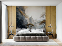 Wall mural depicting golden trees bathed in warm light, perfect for serene and elegant interiors.
