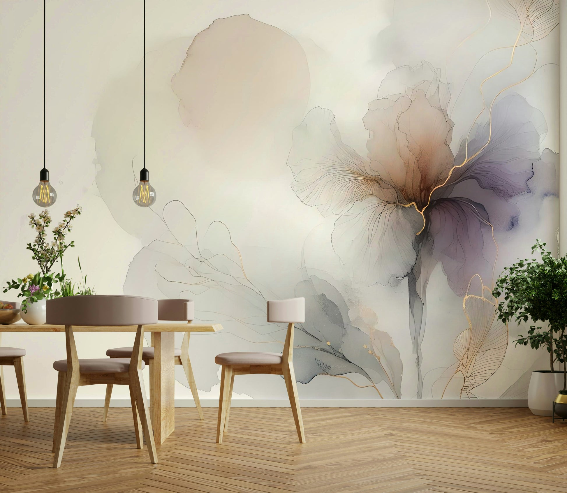 Golden Vein Botanica Wall Mural behind sofa, modern feature wall decor