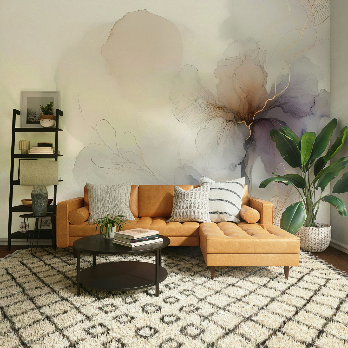 Study nook accent wall wallpaper, landscape mountains in soft golden tones