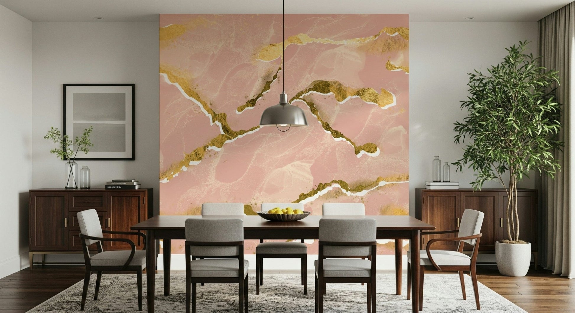 Luxe Blush and Gold Veins Wall Mural – Contemporary marble-inspired mural featuring soft pink marble layers with gilded accents.