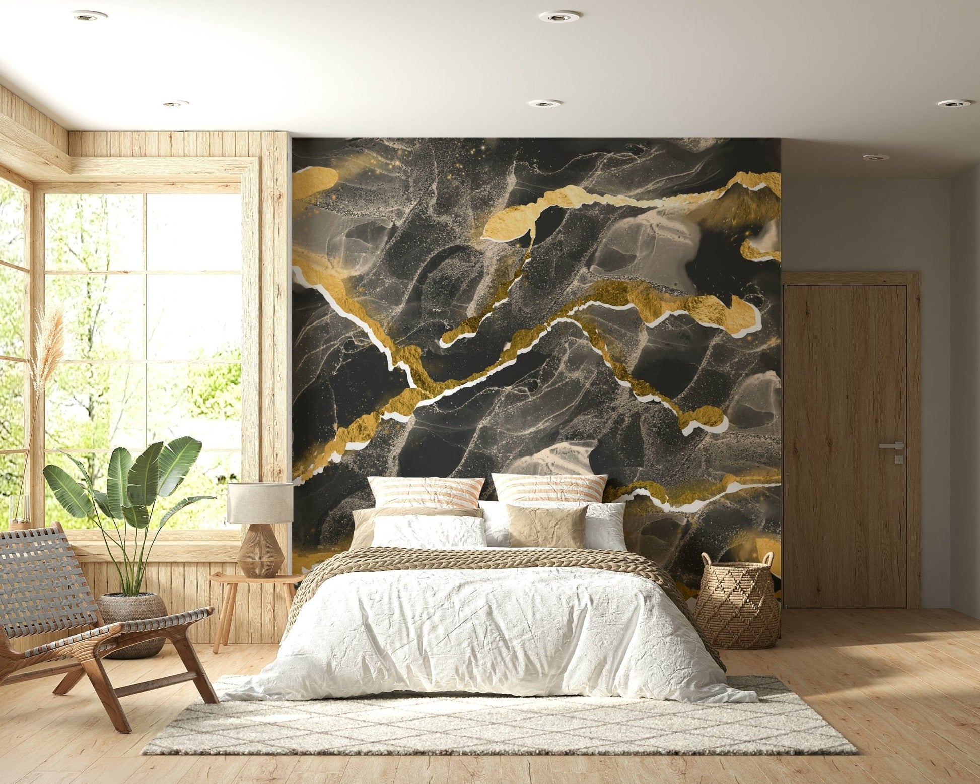 Gold-Accented Charcoal Marble Wallpaper – Decorative mural with luxurious dark charcoal marble and striking gold veining.