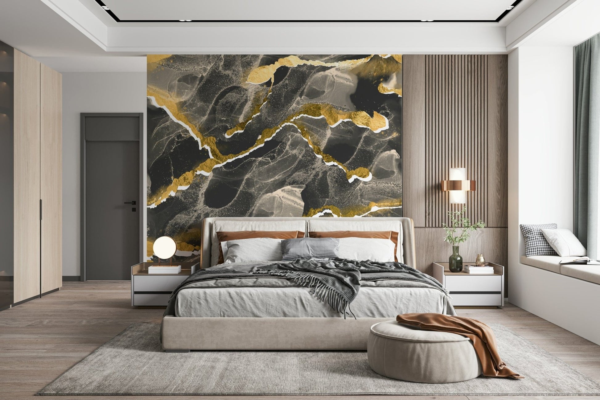 Charcoal Marble with Gold Veins Wallpaper – Modern wall mural featuring rich dark marble textures highlighted with metallic gold streaks.