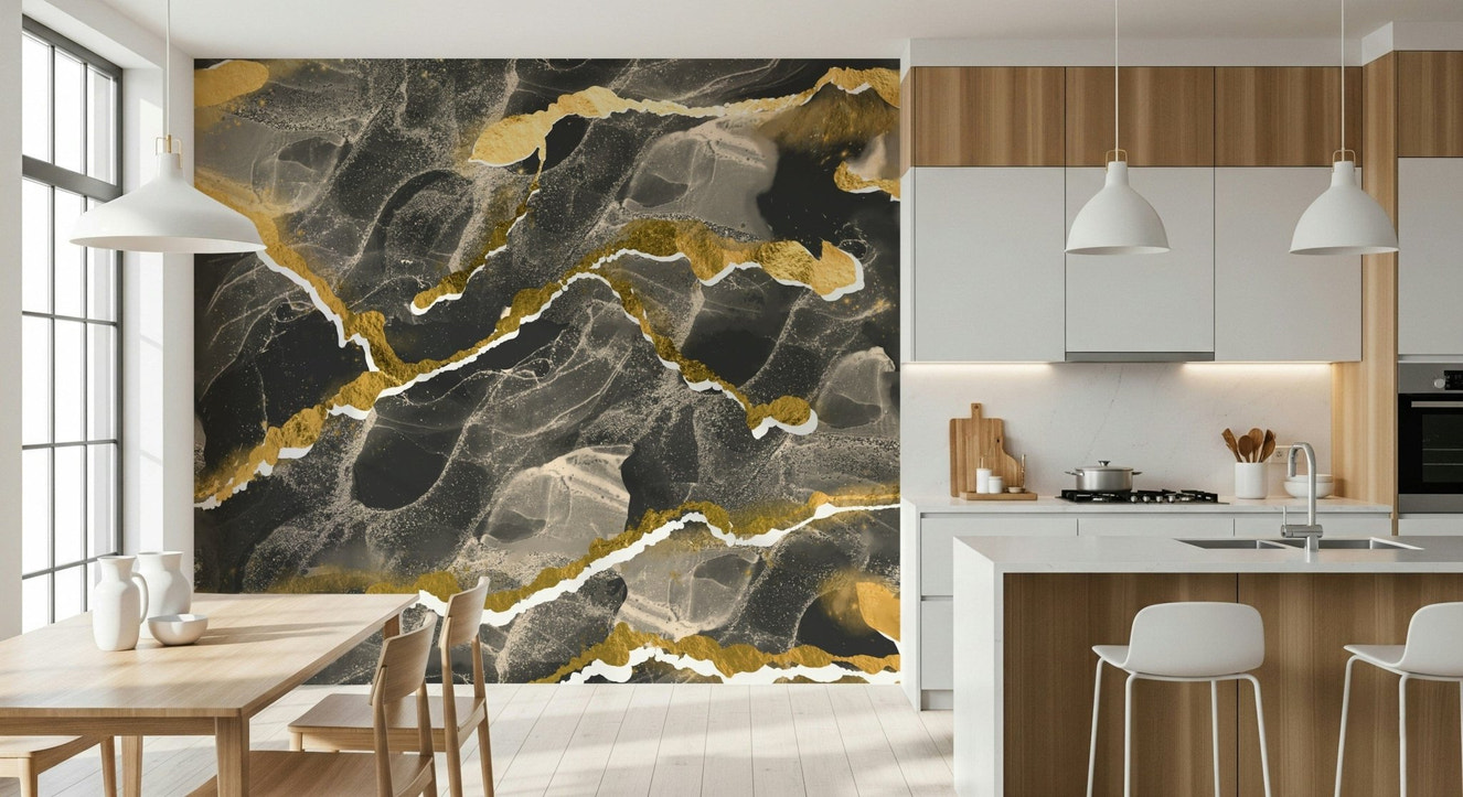 Golden Veins Charcoal Marble Wall Mural – Luxurious abstract marble design with deep charcoal tones accented by shimmering gold veins.
