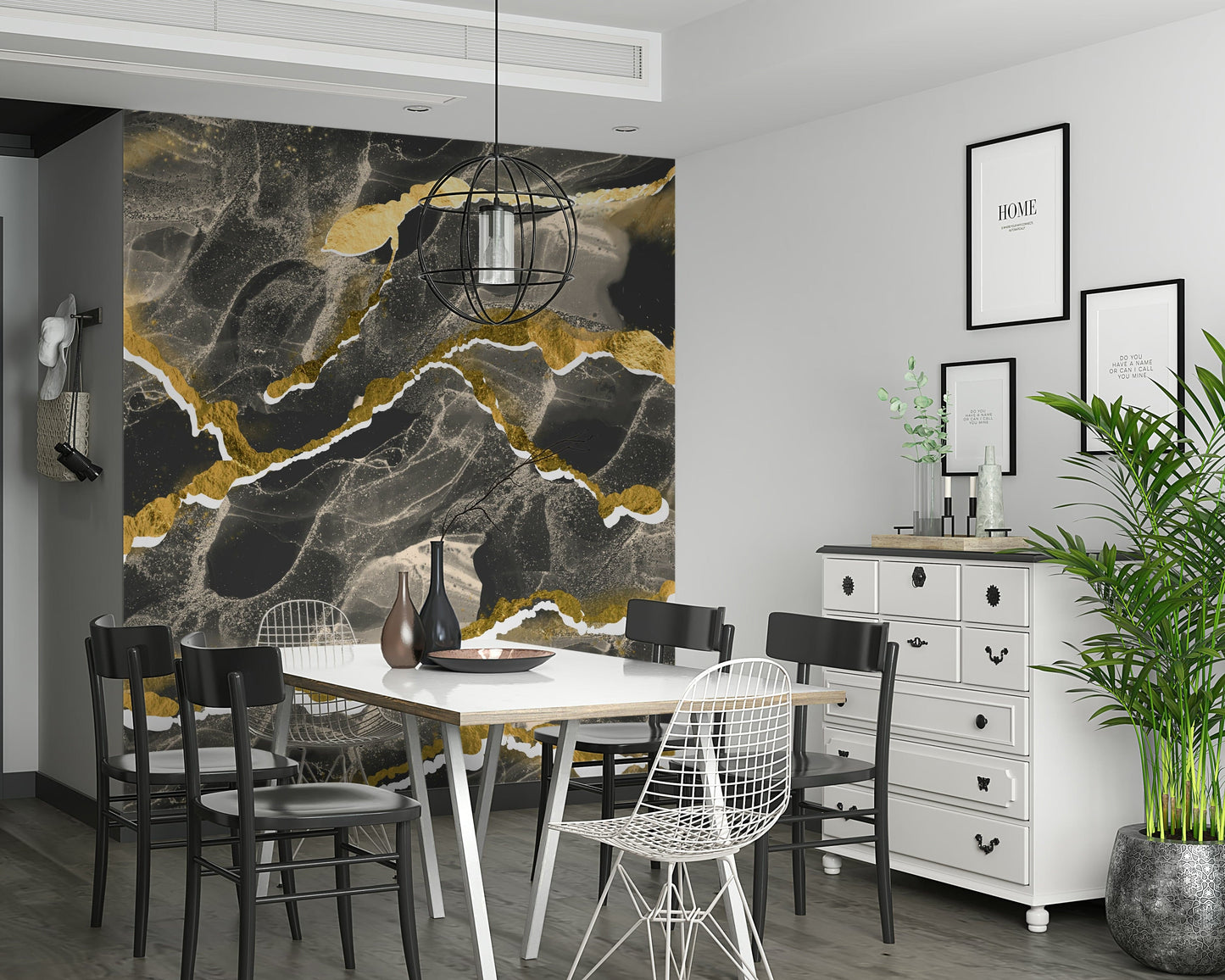 Modern Abstract Luxe Marble Wall Mural – Refined decorative wallpaper combining dark charcoal textures and subtle gold highlights.