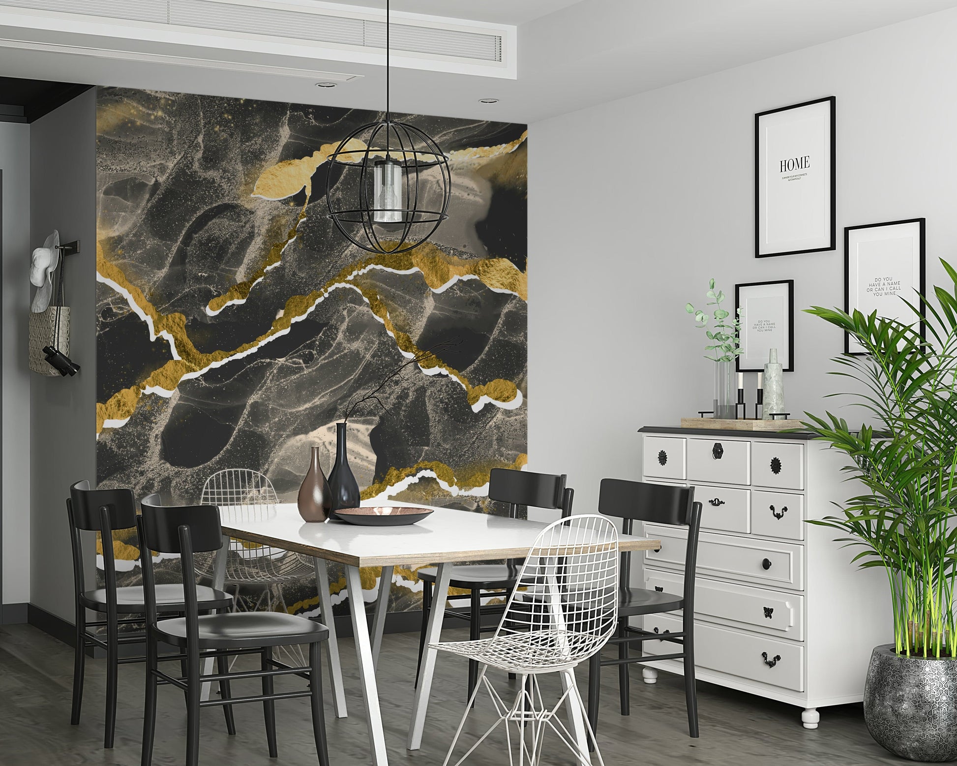 Modern Abstract Luxe Marble Wall Mural – Refined decorative wallpaper combining dark charcoal textures and subtle gold highlights.