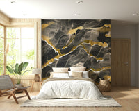 Gold-Accented Charcoal Marble Wallpaper – Decorative mural with luxurious dark charcoal marble and striking gold veining.