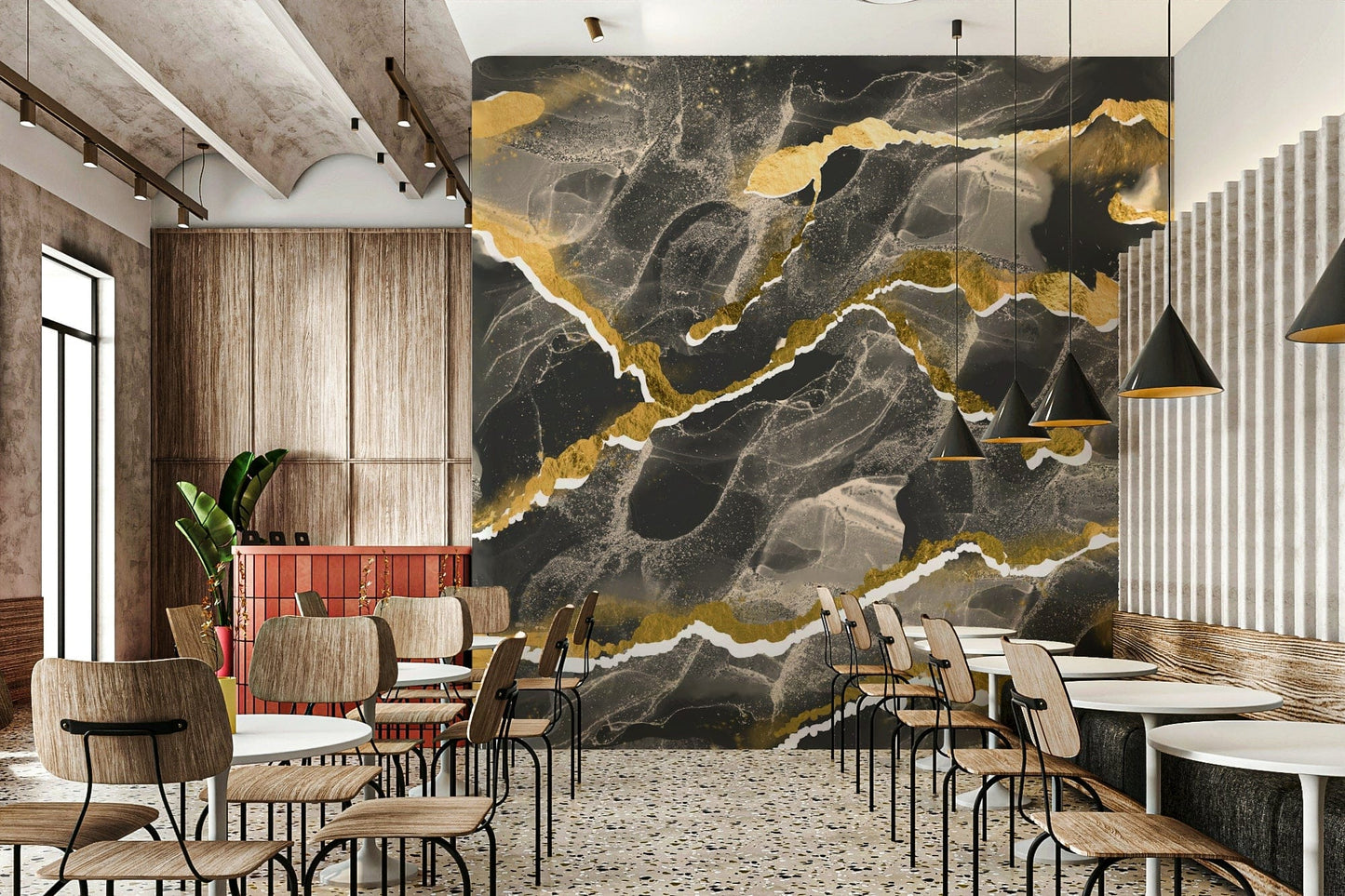 Modern Luxe Charcoal Marble Wall Mural – Sophisticated abstract design combining dark stone textures and elegant golden accents.