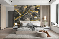 Charcoal Marble with Gold Veins Wallpaper – Modern wall mural featuring rich dark marble textures highlighted with metallic gold streaks.