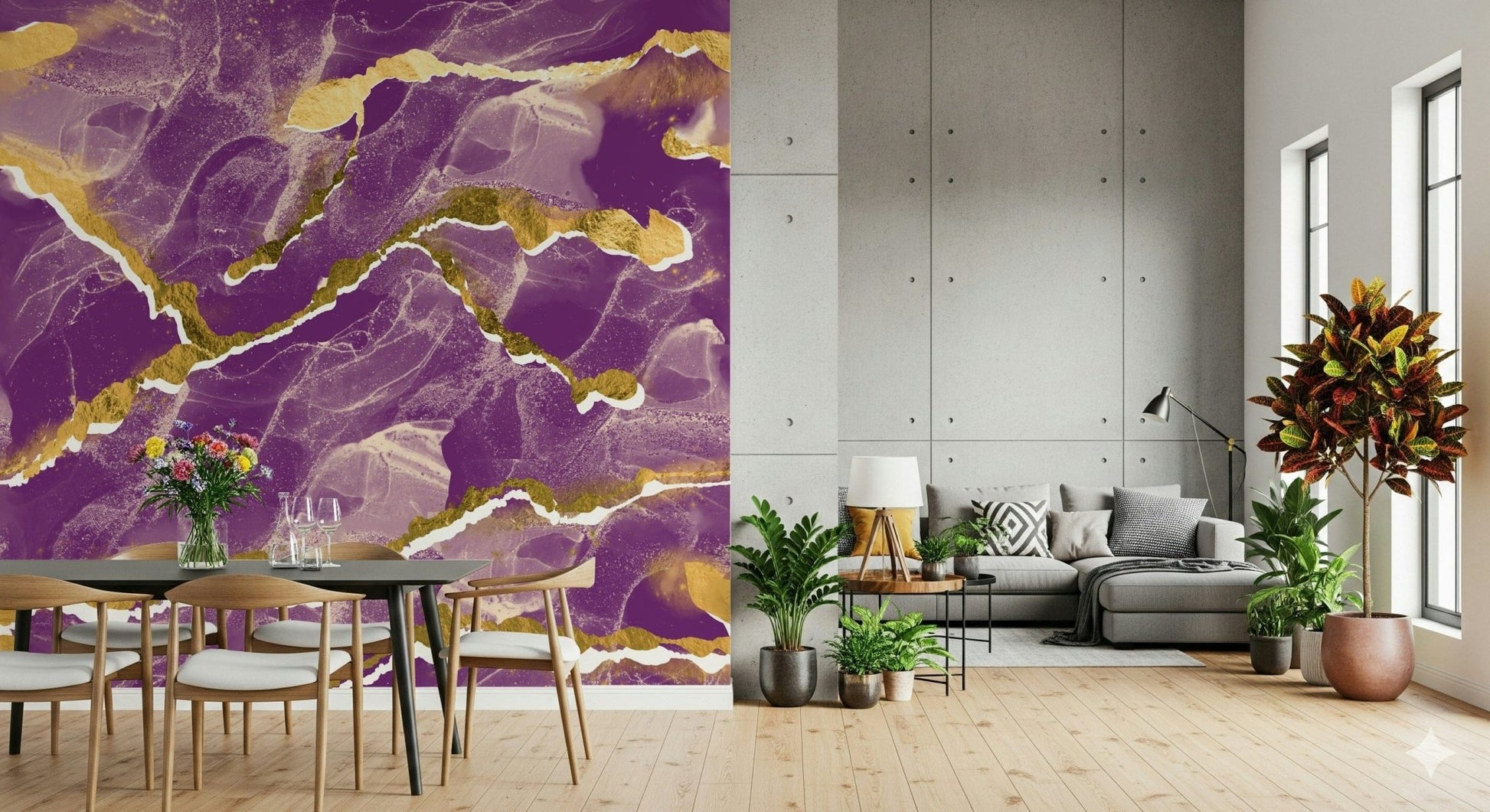 A modern abstract wall mural depicting a dramatic cosmic violet and gold Marble Wallpaper design.