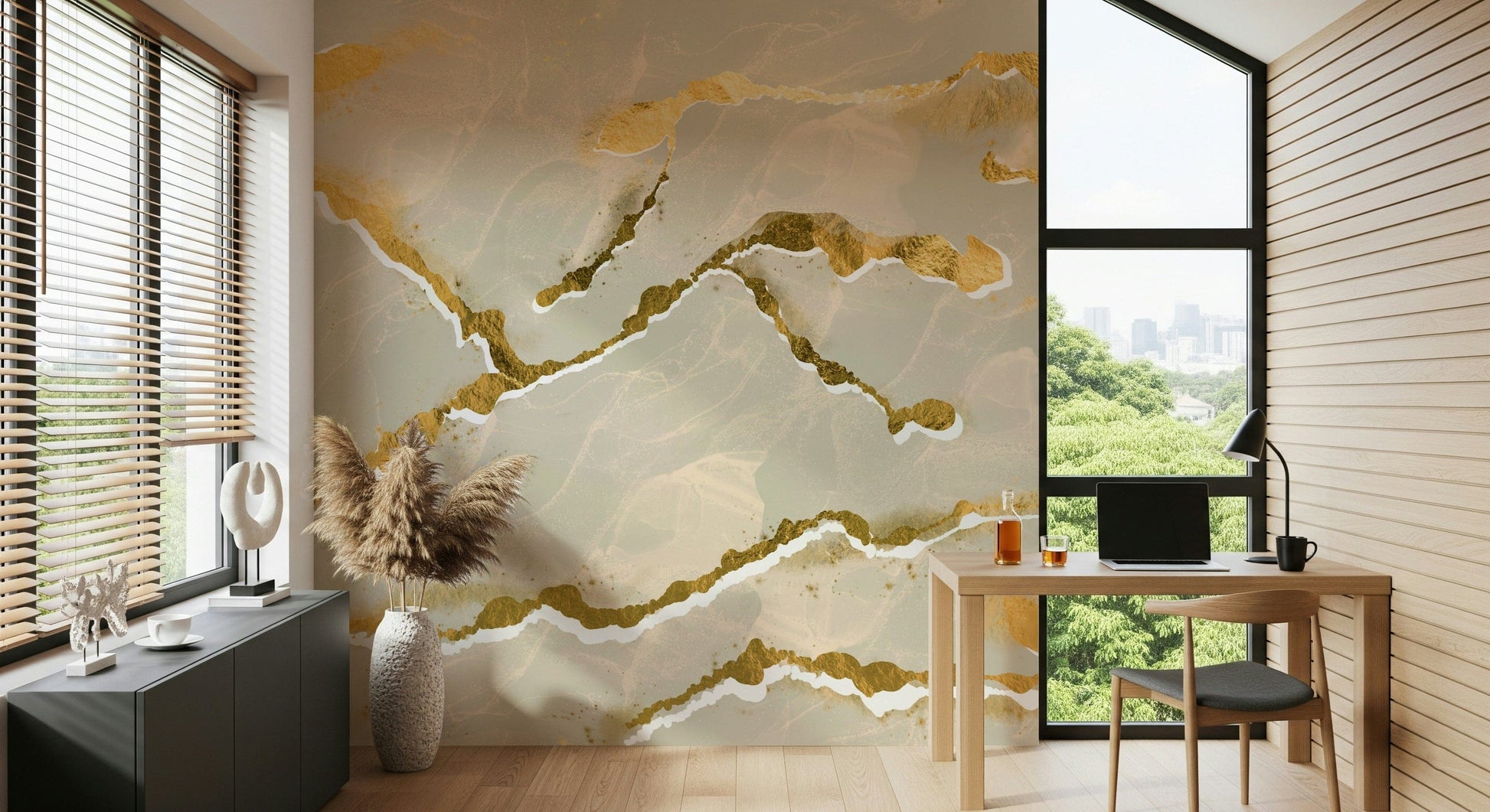 Luxe ecru sand Marble Wallpaper mural featuring an abstract design with striking golden veins.