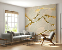 Elegant Marble Wallpaper in a soft ecru sand hue, highlighted by sophisticated golden veins for a modern interior.