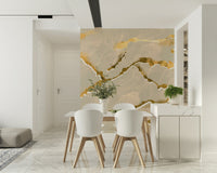 Abstract art Marble Wallpaper mural with flowing golden veins across a soft ecru sand marble background.