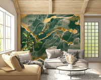 Luxe emerald green Marble Wallpaper mural featuring an abstract design with striking golden veins.
